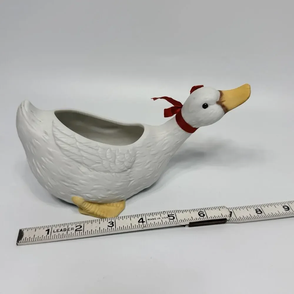 Vintage 1990s Bisque Porcelain Country Goose Planter Cottagcore Red Bow 8